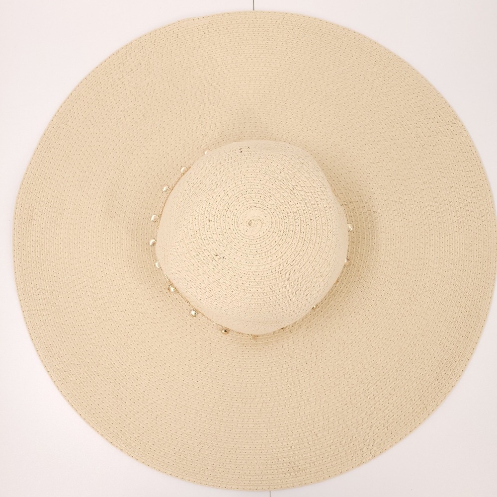 I.N.C. Wide-Brim Straw Floppy Sun Hat Natural Embellished Oversized Gold Shell